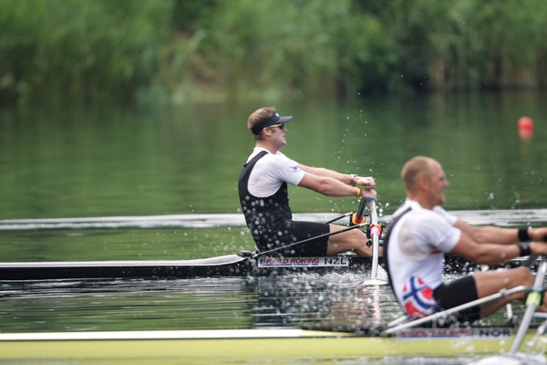 Mahe Drysdale (far side) goes head to head with long term rival Olaf Tufte in today's semi final at Lucerne  